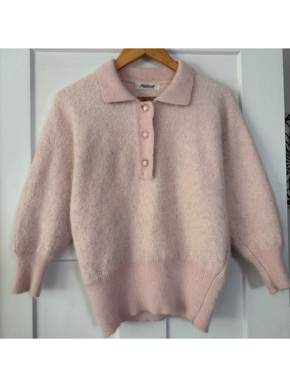VTG 50's 'Mydearl' Pink Angora Blend Speckled Button-Up Cardigan Sweater Sz M